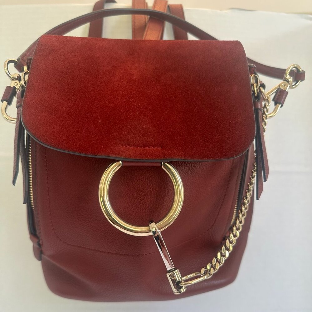 Authentic Chloe Burgundy Leather Backpack/Shoulder Bag with Gold Accents
